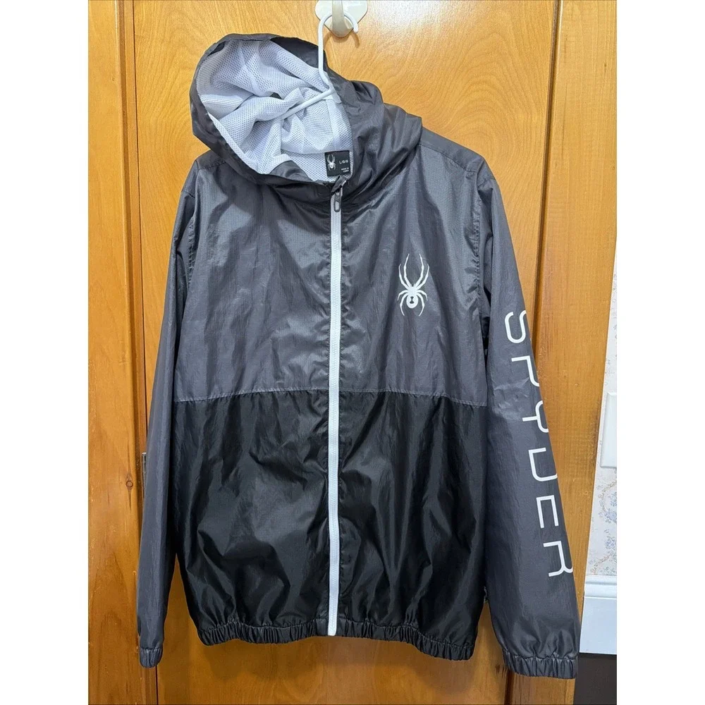 Spyder Windbreaker Jacket Full Zip Hooded Black Gray Men's Sport Baseball Large